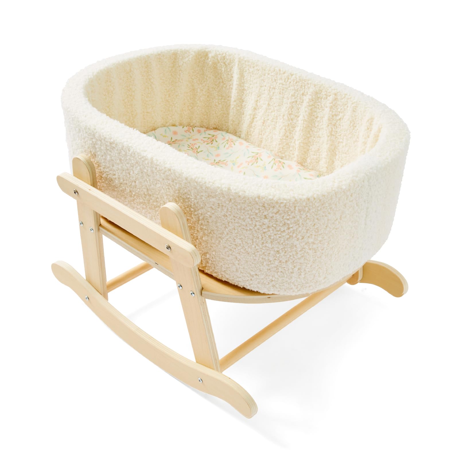 COOKIE BUNNY wooden baby doll bassinet base showing sturdy construction for durable play.