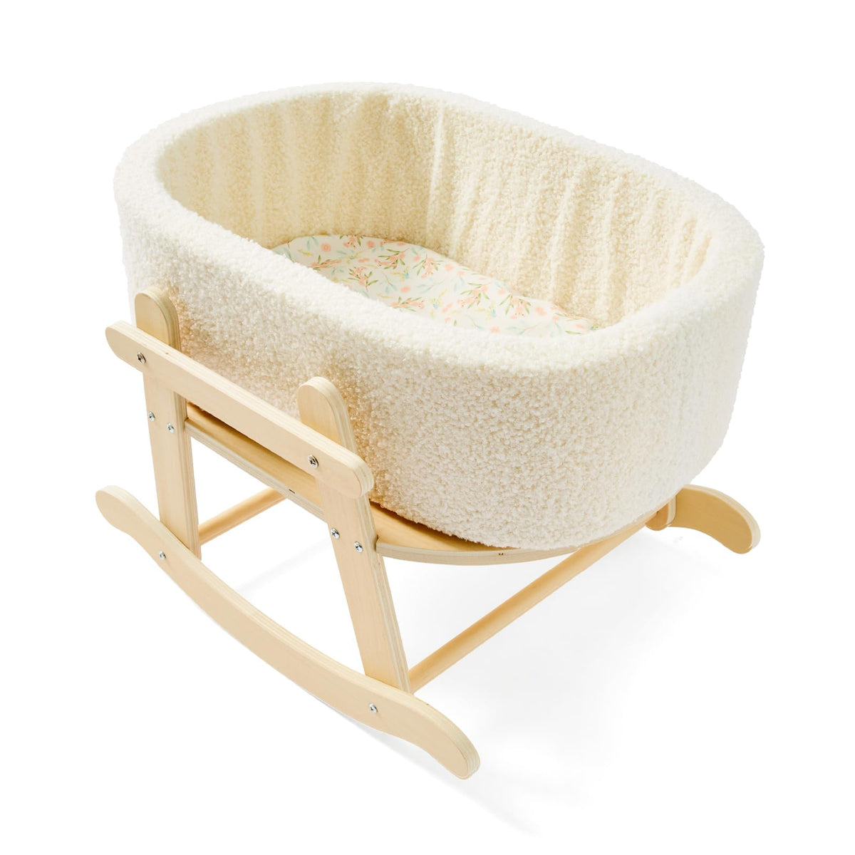 COOKIE BUNNY wooden baby doll bassinet base showing sturdy construction for durable play.
