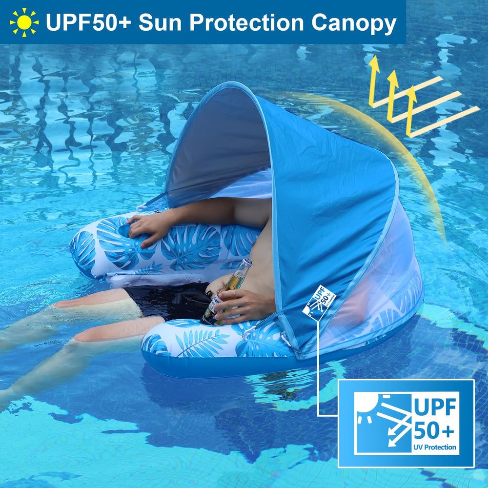 Removable canopy shade on COOLCOOLDEE pool float for customizable sun exposure