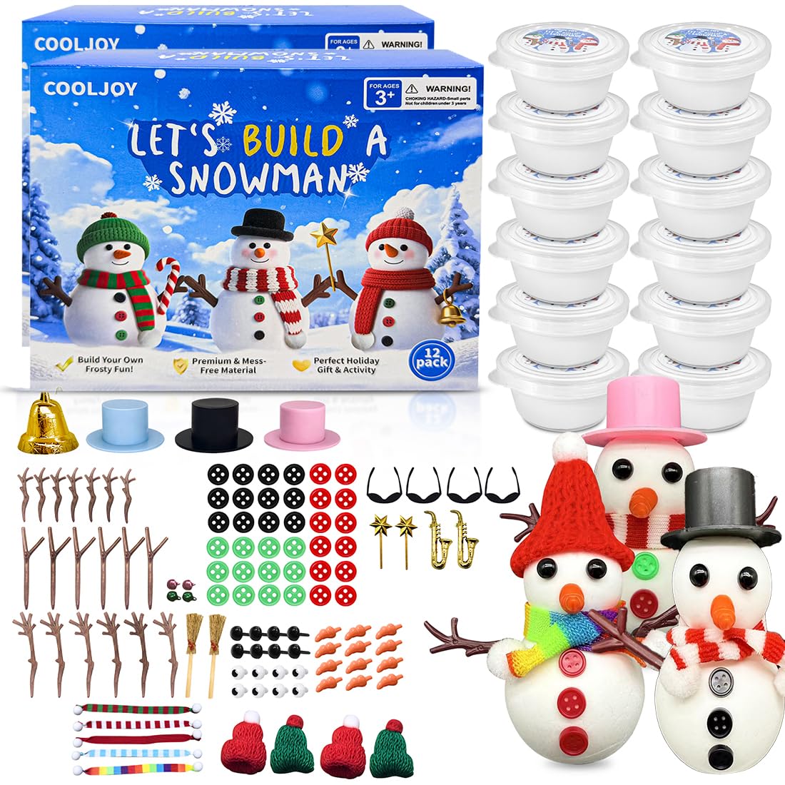 COOLJOY Build a Snowman Kit components ready for creative winter crafts.