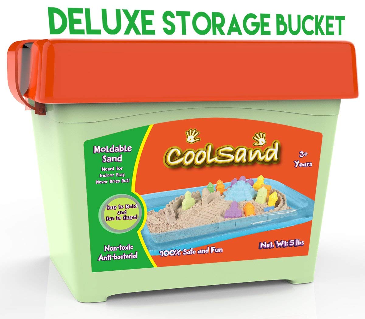 CoolSand storage container with carrying handle for easy cleanup