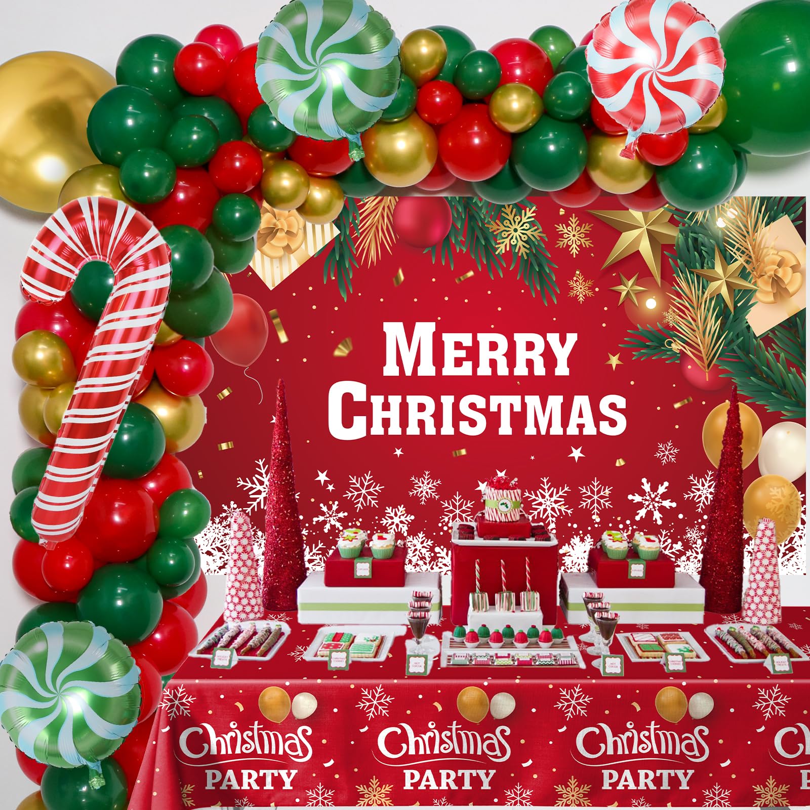 Coosilion Christmas balloon arch showcases vibrant red and green balloons for festive photo backdrops.
