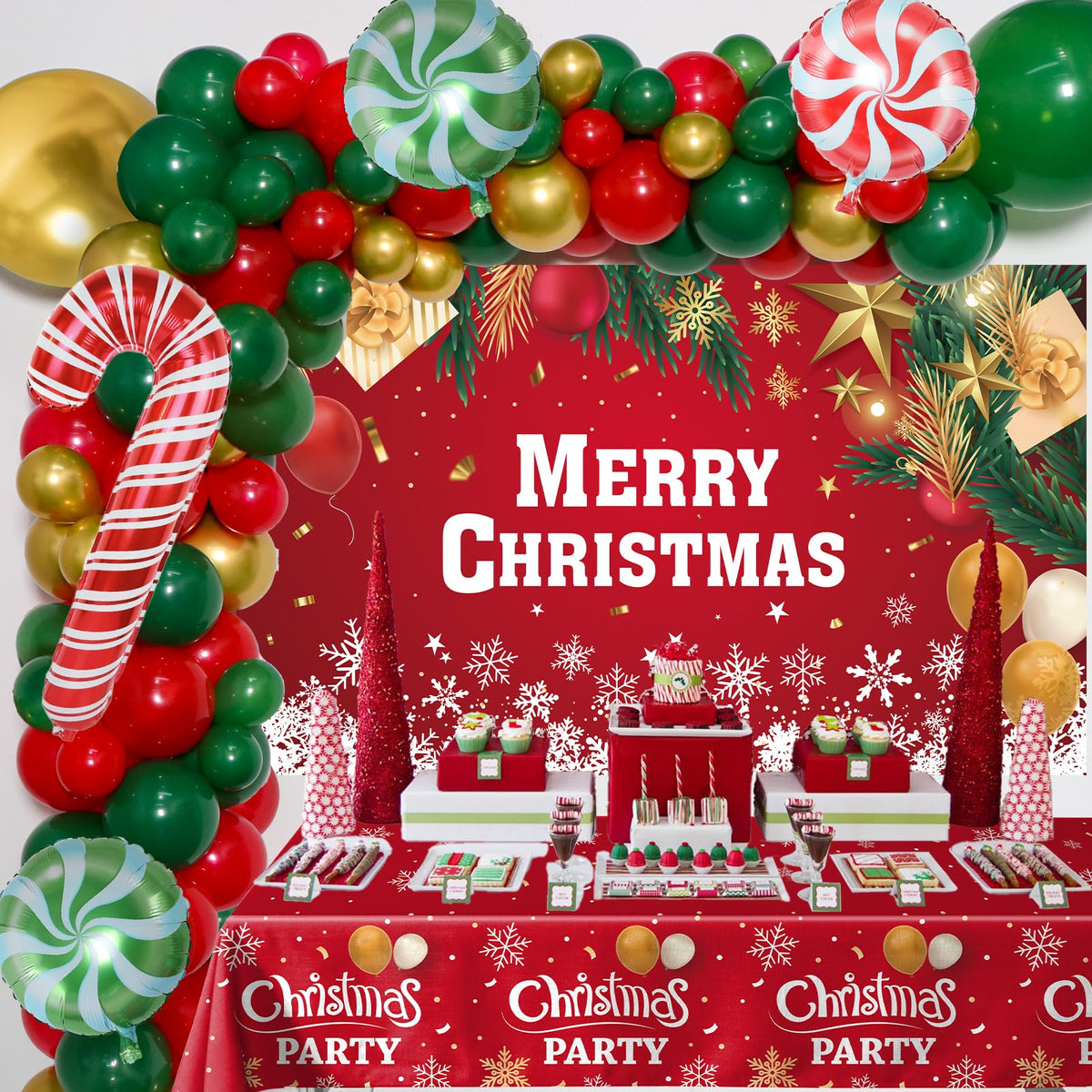Coosilion Christmas balloon arch showcases vibrant red and green balloons for festive photo backdrops.