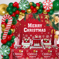 Coosilion Christmas balloon arch showcases vibrant red and green balloons for festive photo backdrops.