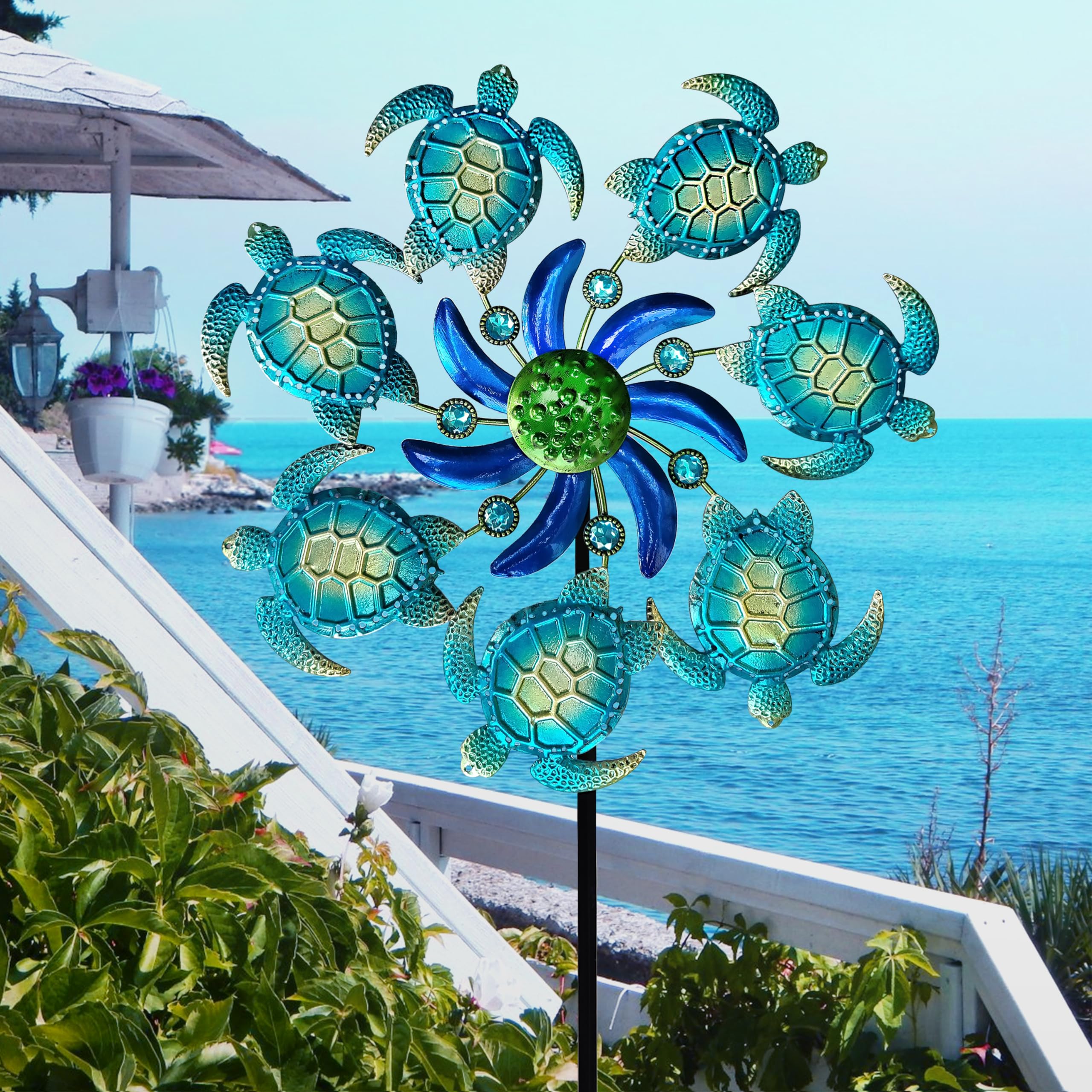 COOZZYHOUR wind spinner stake lights up the garden with sun inspired shimmer.