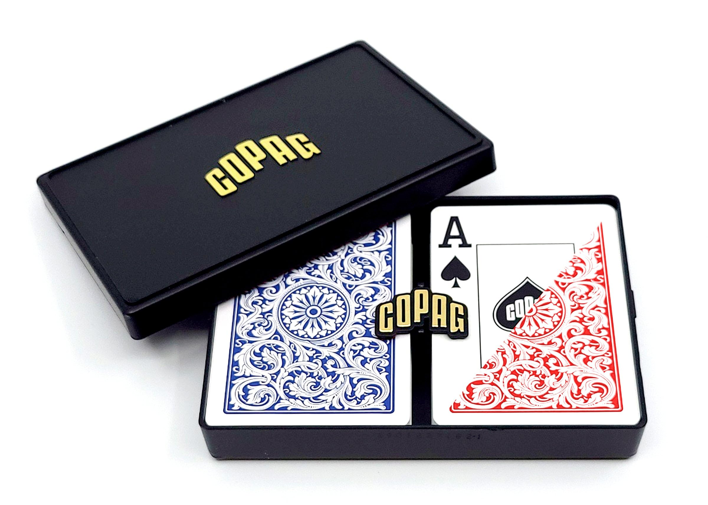 Copag 1546 deck front in red and blue with jumbo index for easy visibility.