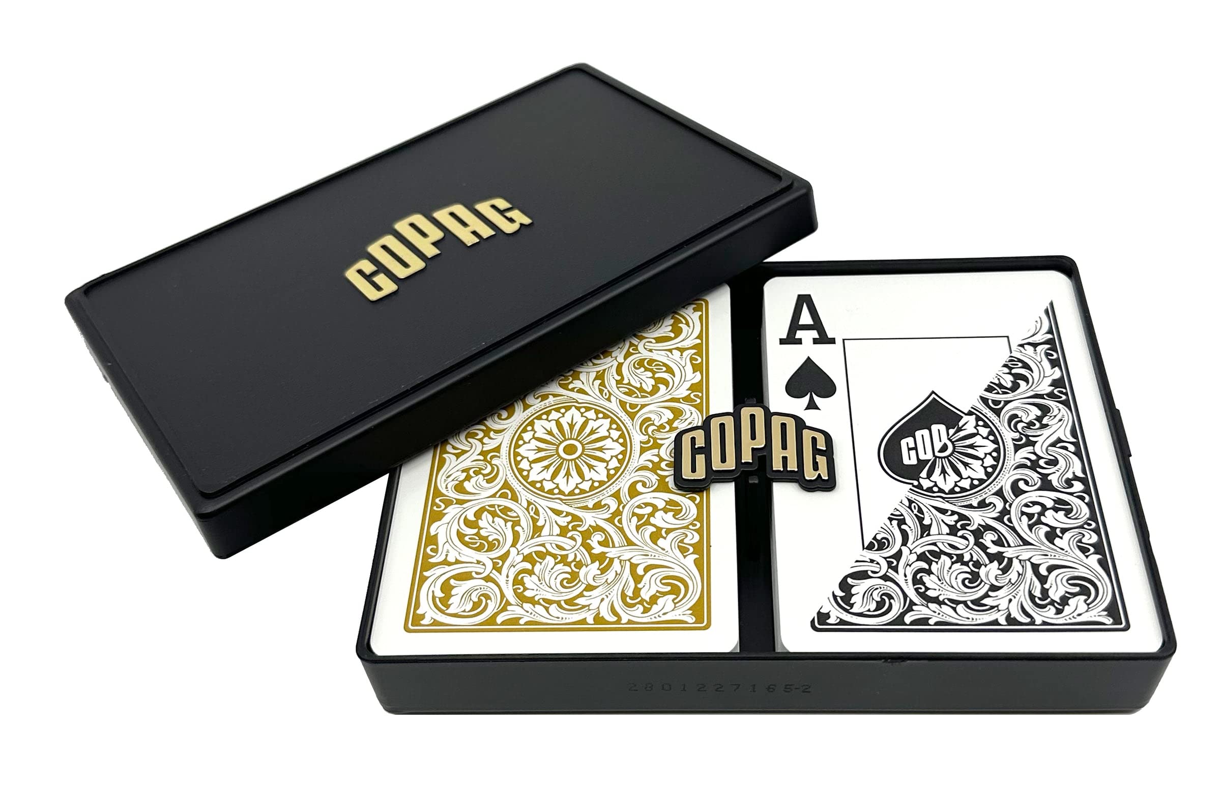 Copag 1546 plastic cards front view with black and gold design for durable play.