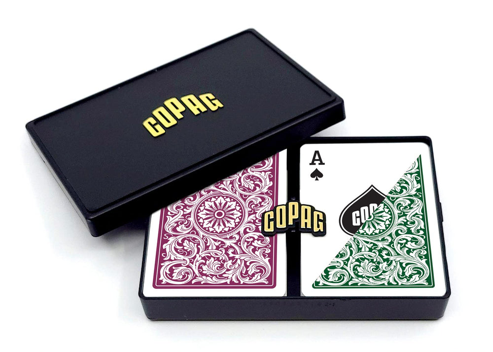 COPAG 1546 design plastic playing cards in green and burgundy for poker play