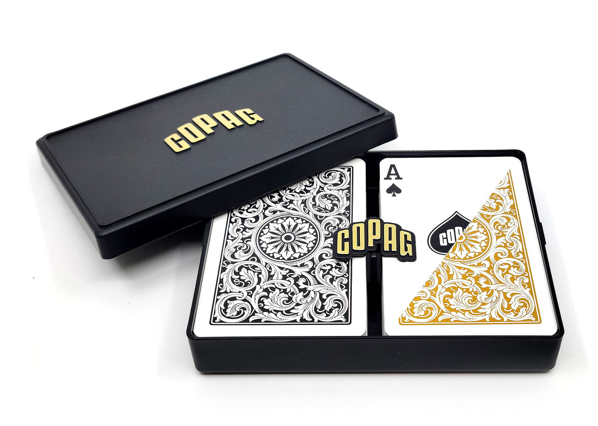 Copag 1546 design playing cards in black and gold with smooth shuffle feel