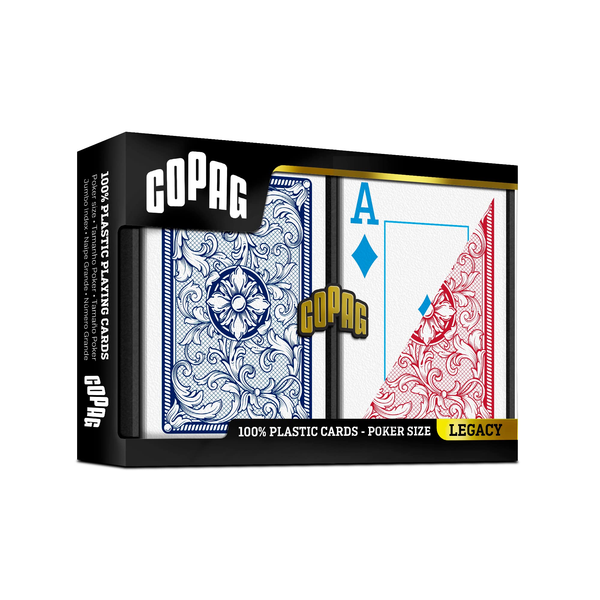 Copag Legacy two-deck set includes color-diverse cards and jokers for flexible play.