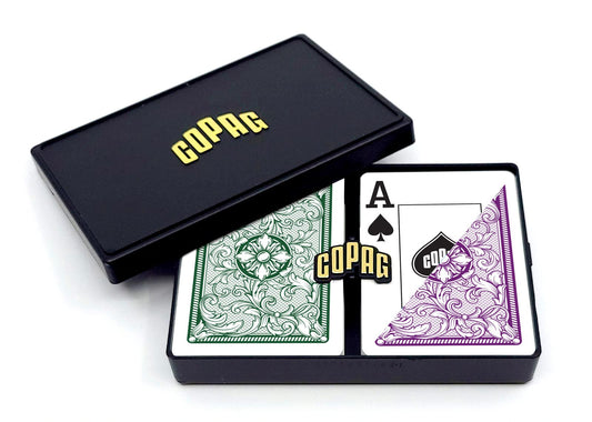 Copag Legacy 100% plastic playing cards in green and purple deck for smooth shuffles