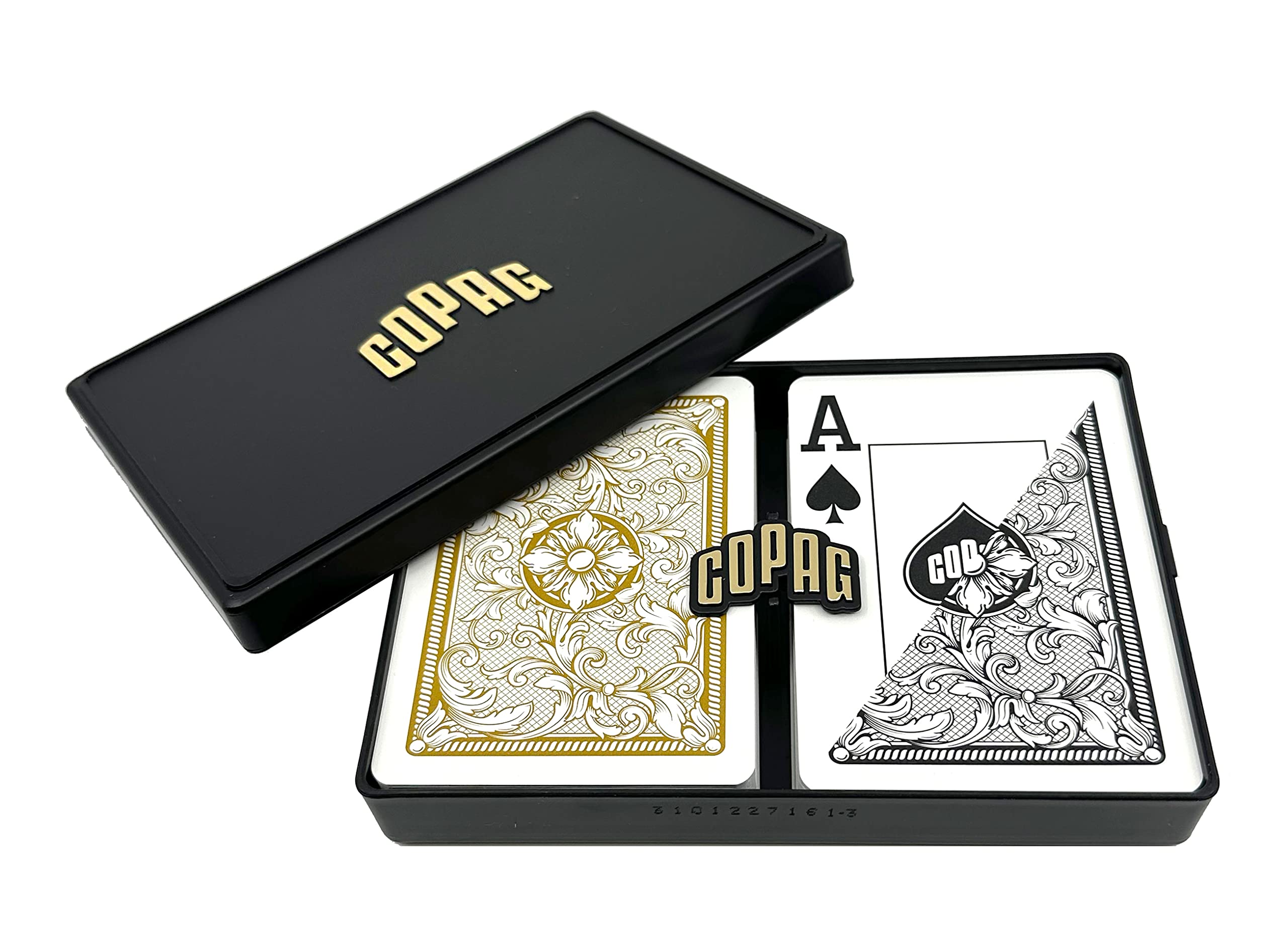 Copag Legacy design plastic cards in case for easy storage and travel.