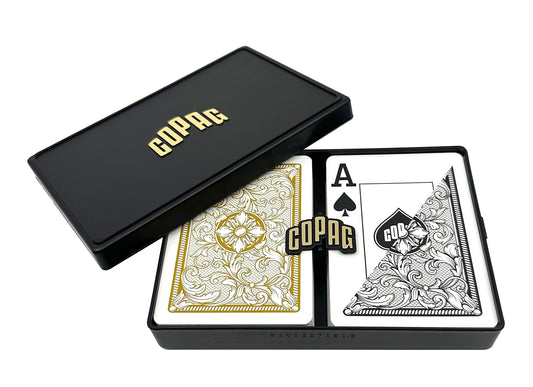 Copag Legacy design plastic cards in case for easy storage and travel.