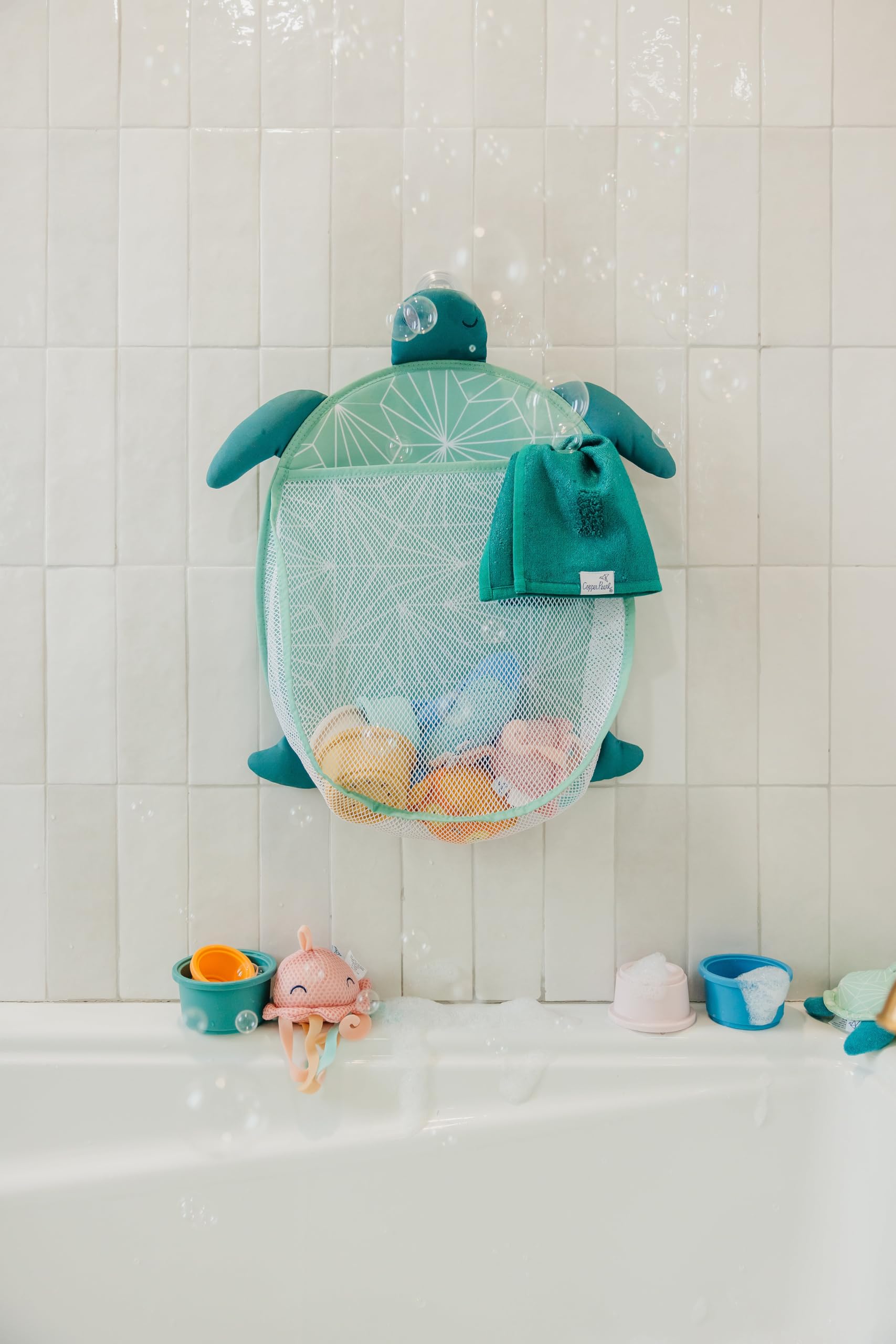 Copper Pearl Oceana bath toy storage solution helps keep bathroom tidy.