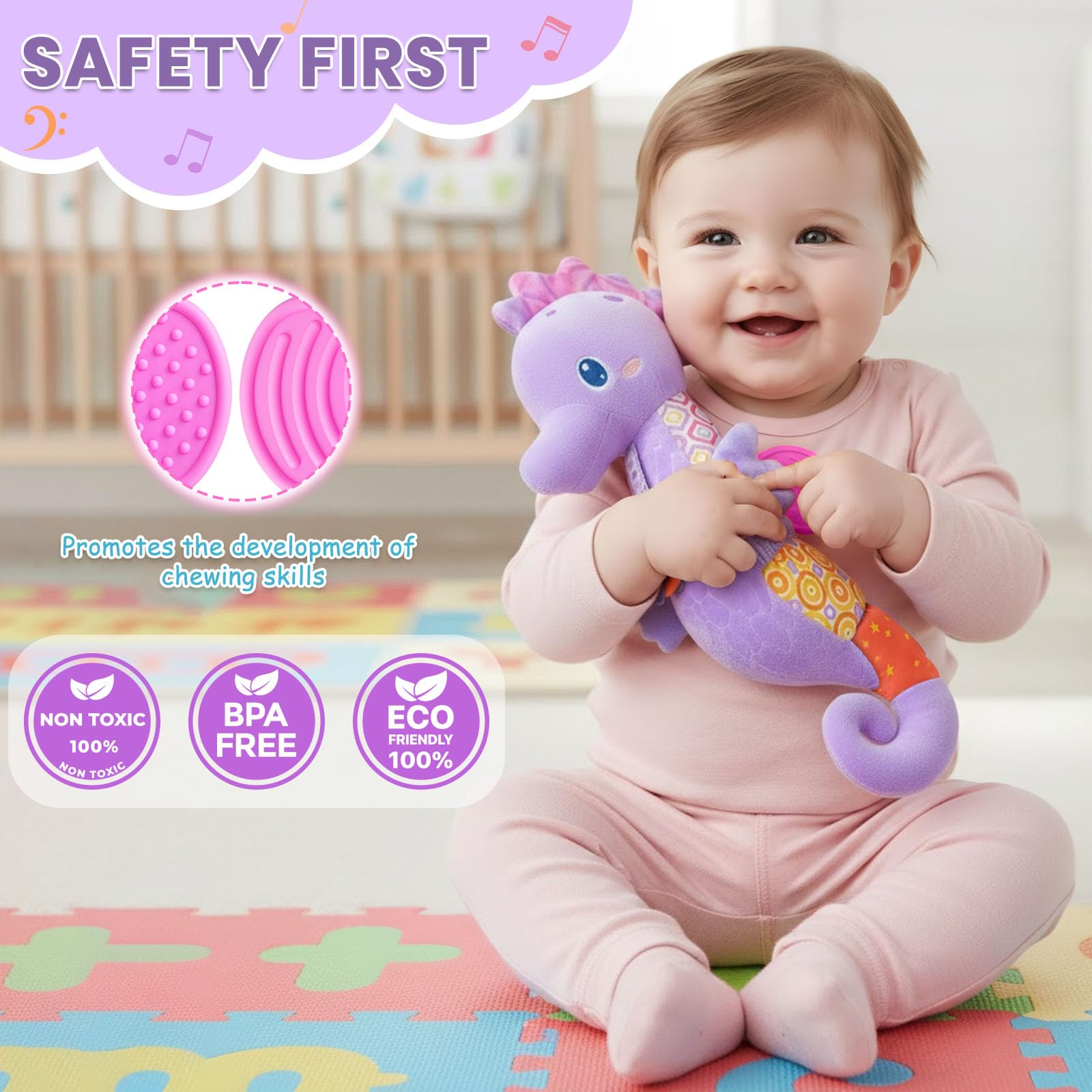 Coqin Seahorse rattle and squeaker encourage playful, responsive exploration