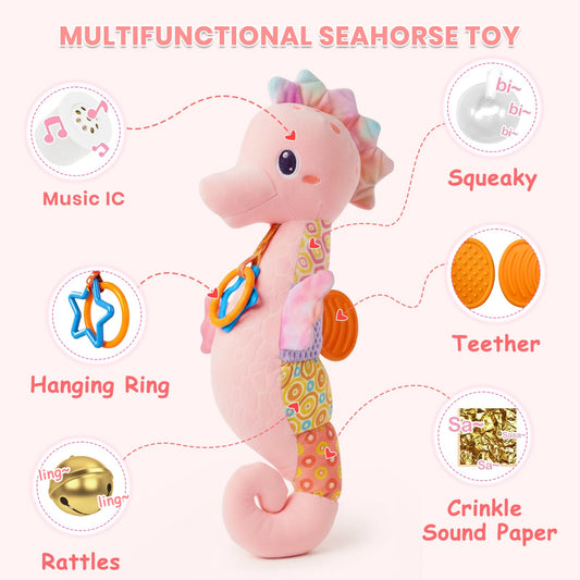 Coqin seahorse crinkle paper texture enhances tactile exploration for tummy time sessions.