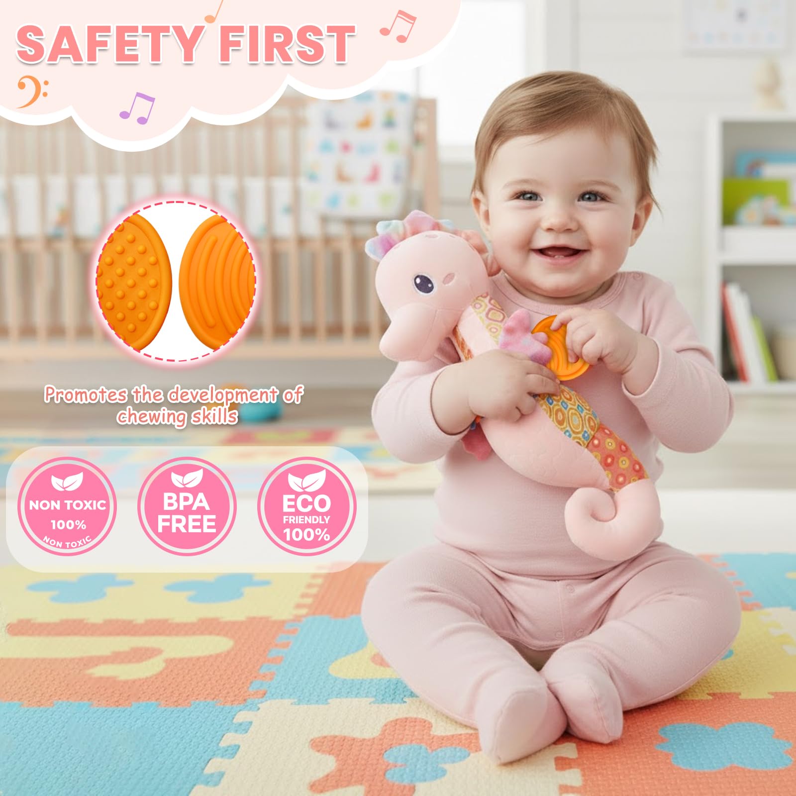 Coqin seahorse toy grasp rings aid tiny hands in reaching and grabbing.