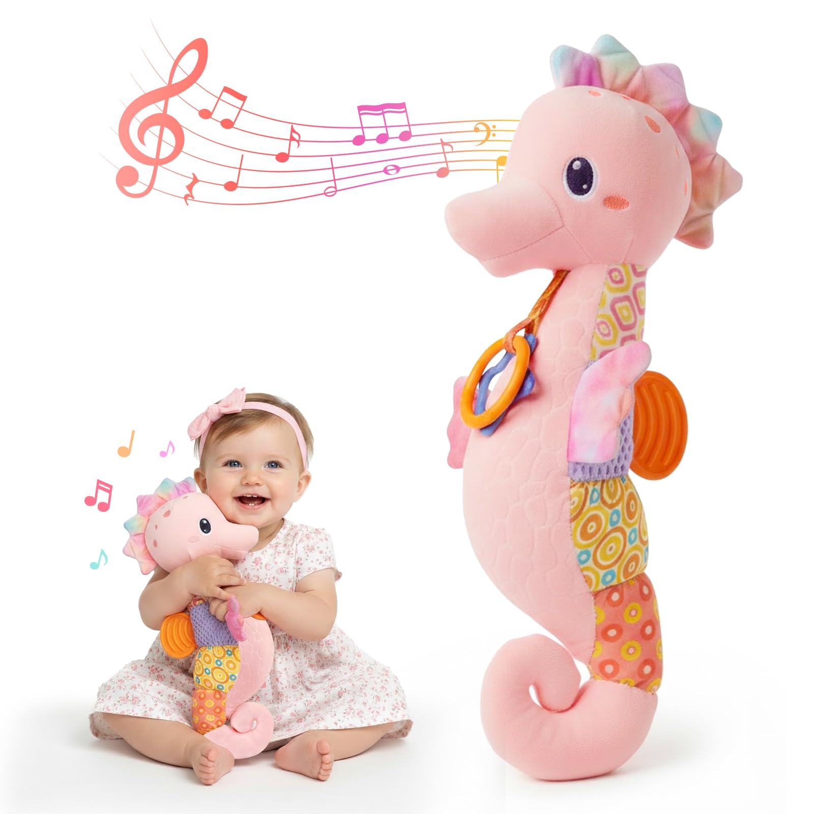 Coqin baby seahorse toy head with built-in melody soothes newborns during cuddles.
