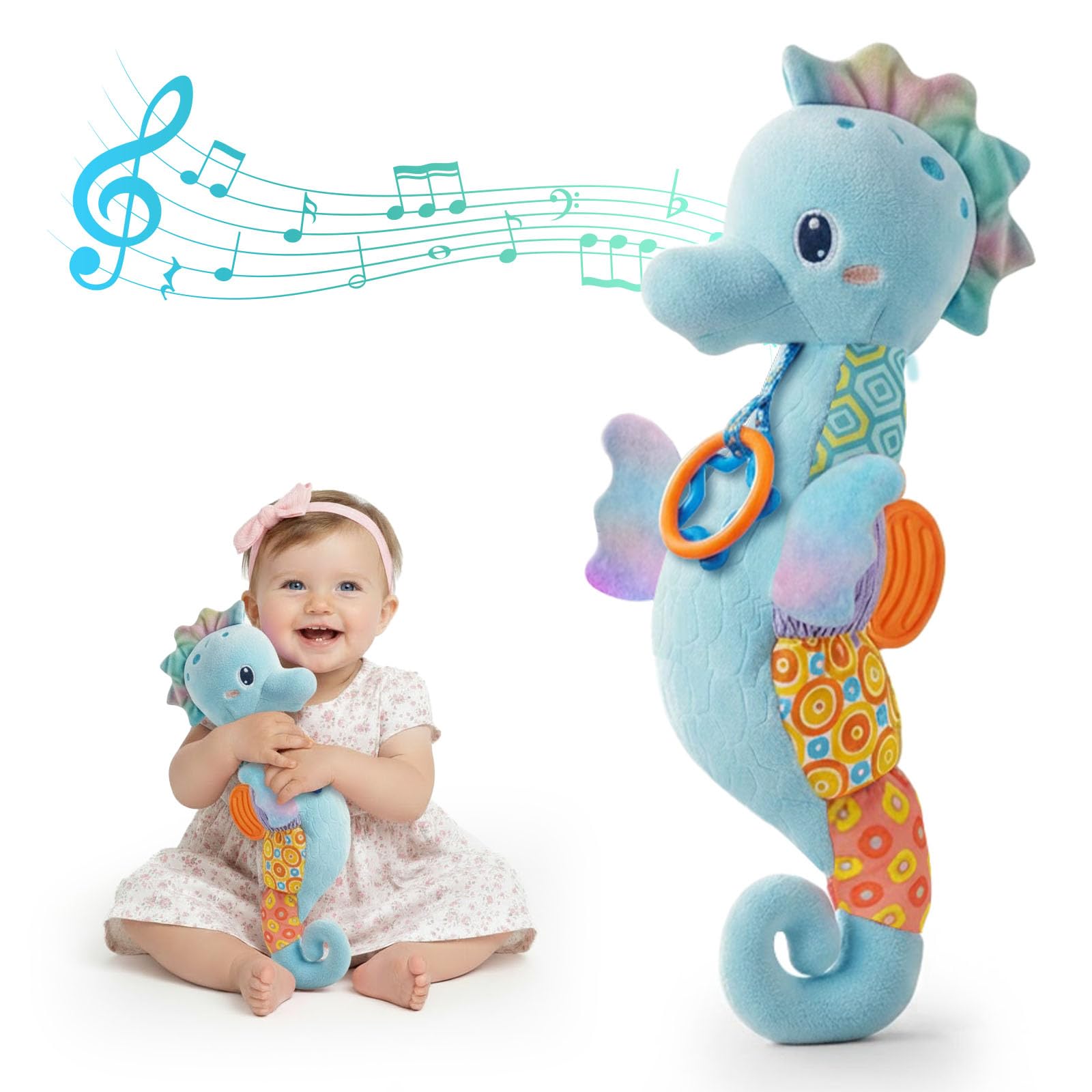 Coqin baby seahorse toy with music for gentle auditory stimulation.
