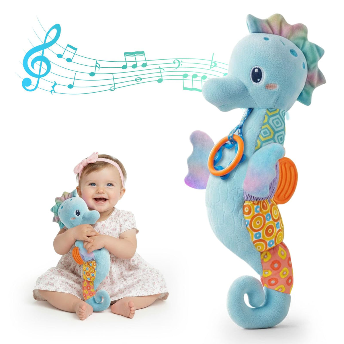 Coqin baby seahorse toy with music for gentle auditory stimulation.