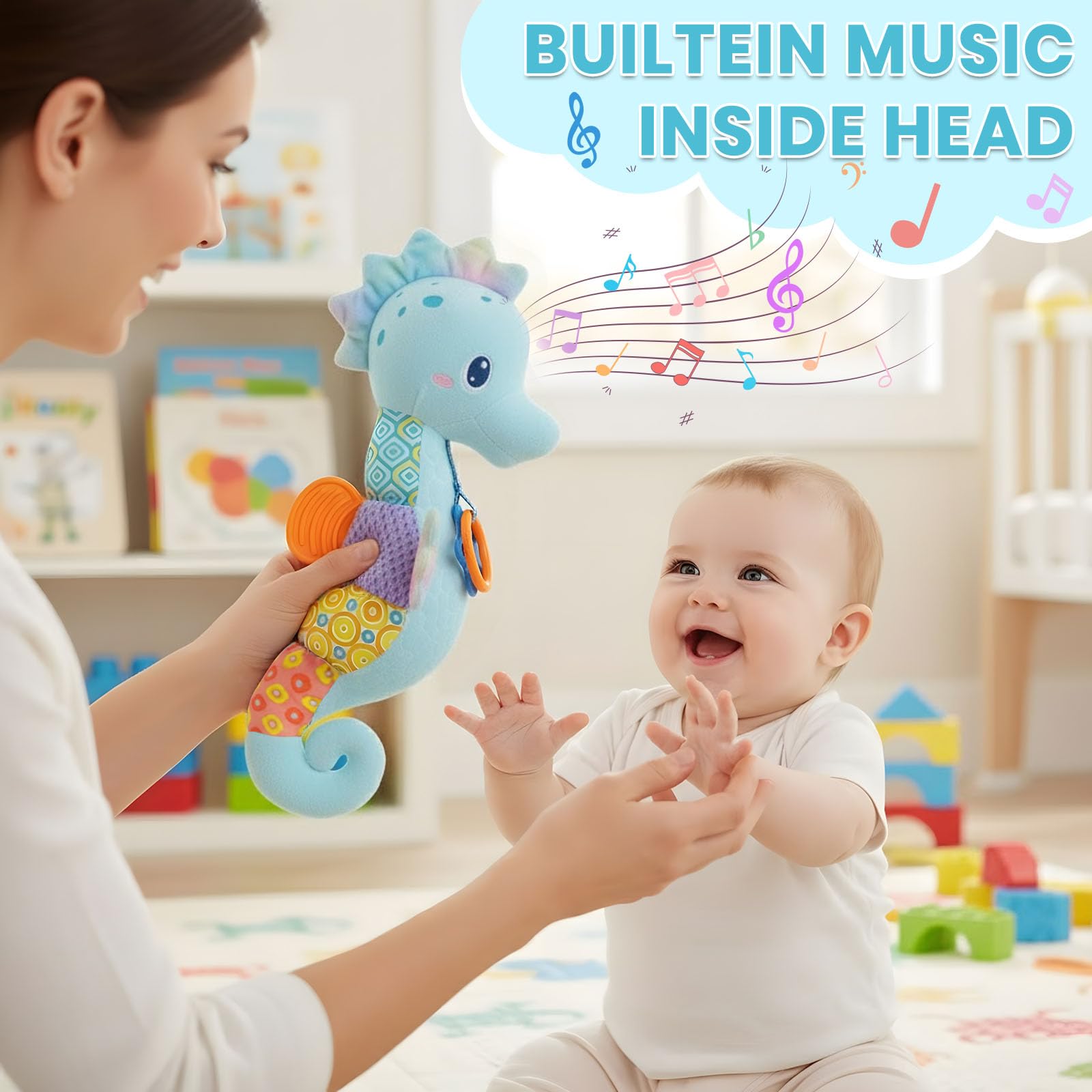 Coqin seahorse toy with rattles for curious baby exploration.