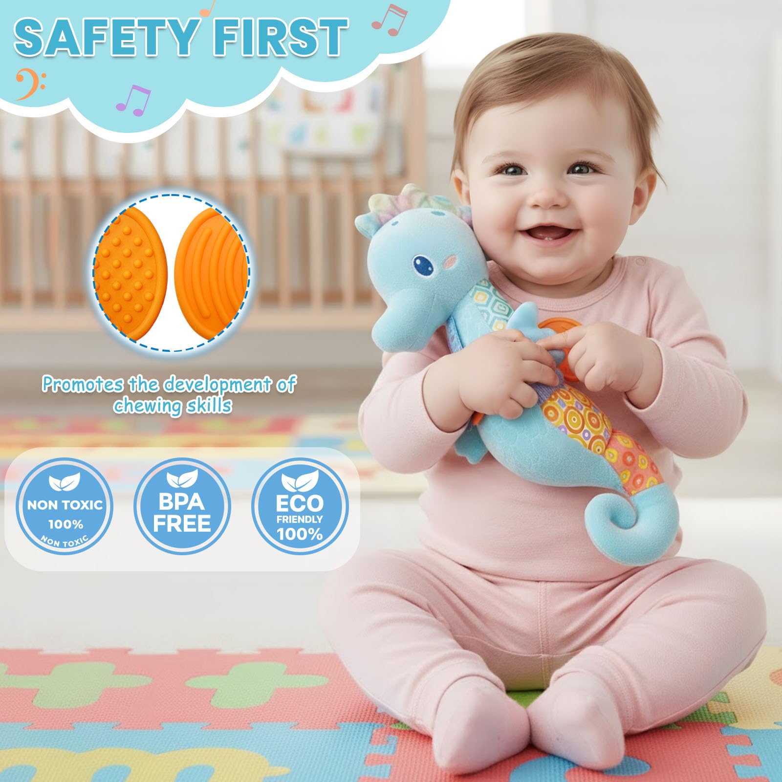 Coqin seahorse plush for soft tummy time play.