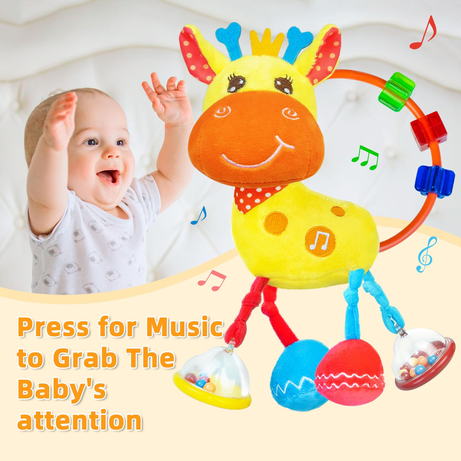 Coqin Giraffe Toy foot squeaker and crinkle textures stimulate hearing and tactile exploration