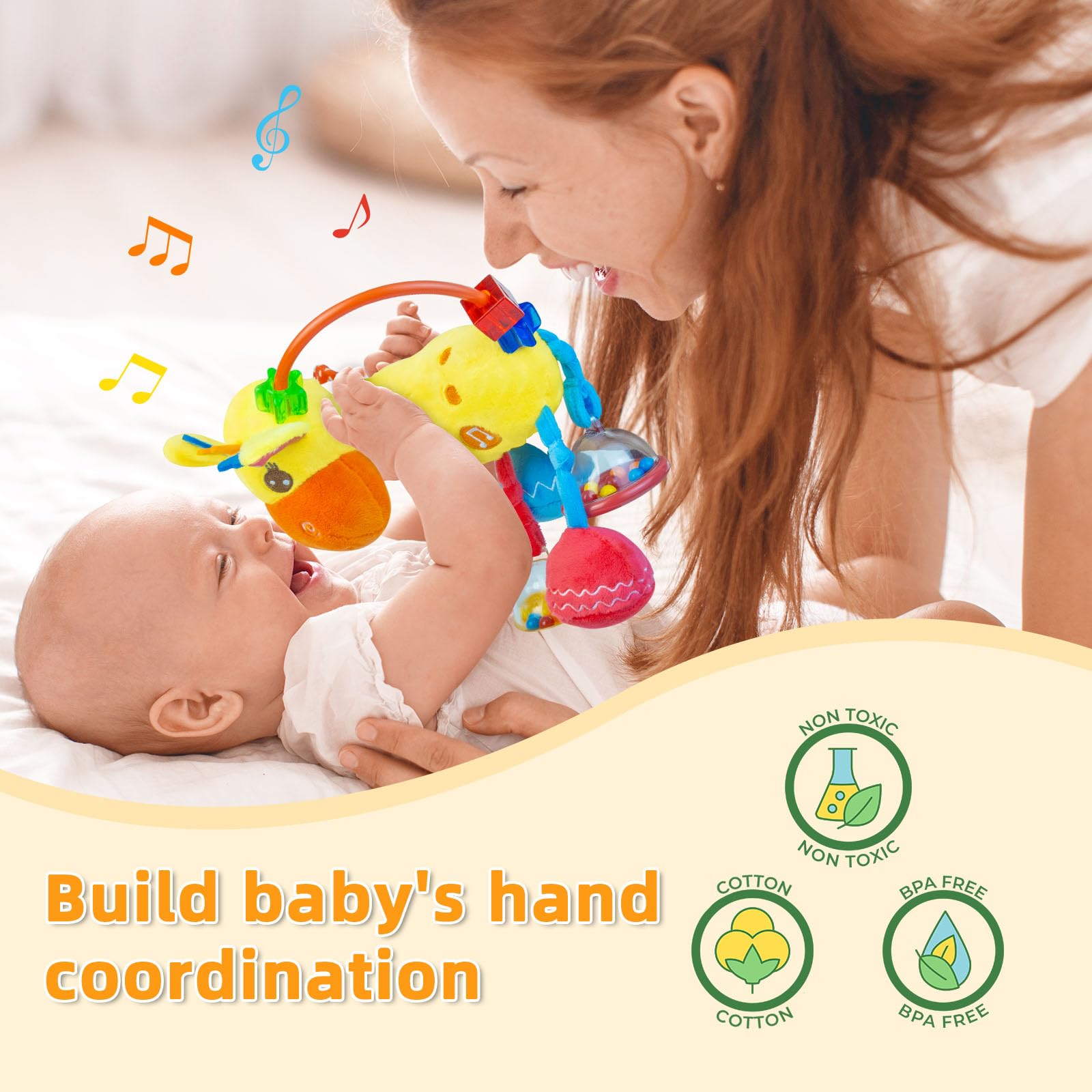 Coqin Giraffe plush with soft cotton fill offers gentle touch and safe newborn play