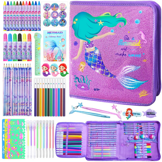 CORALMEE mermaid pencil case with vibrant art tools for organized, portable creativity.