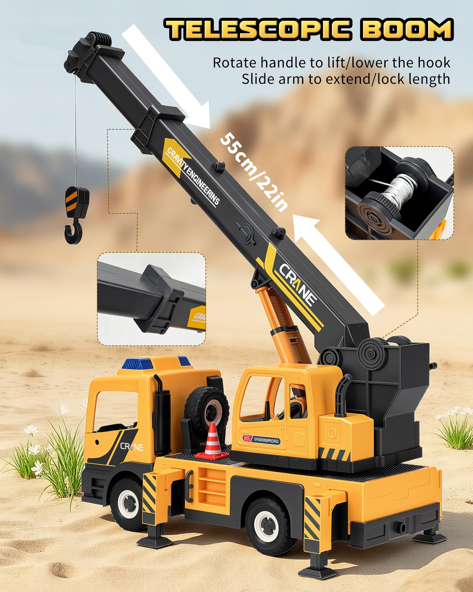 Coroiesty crane truck on a 360° platform enabling dynamic play.