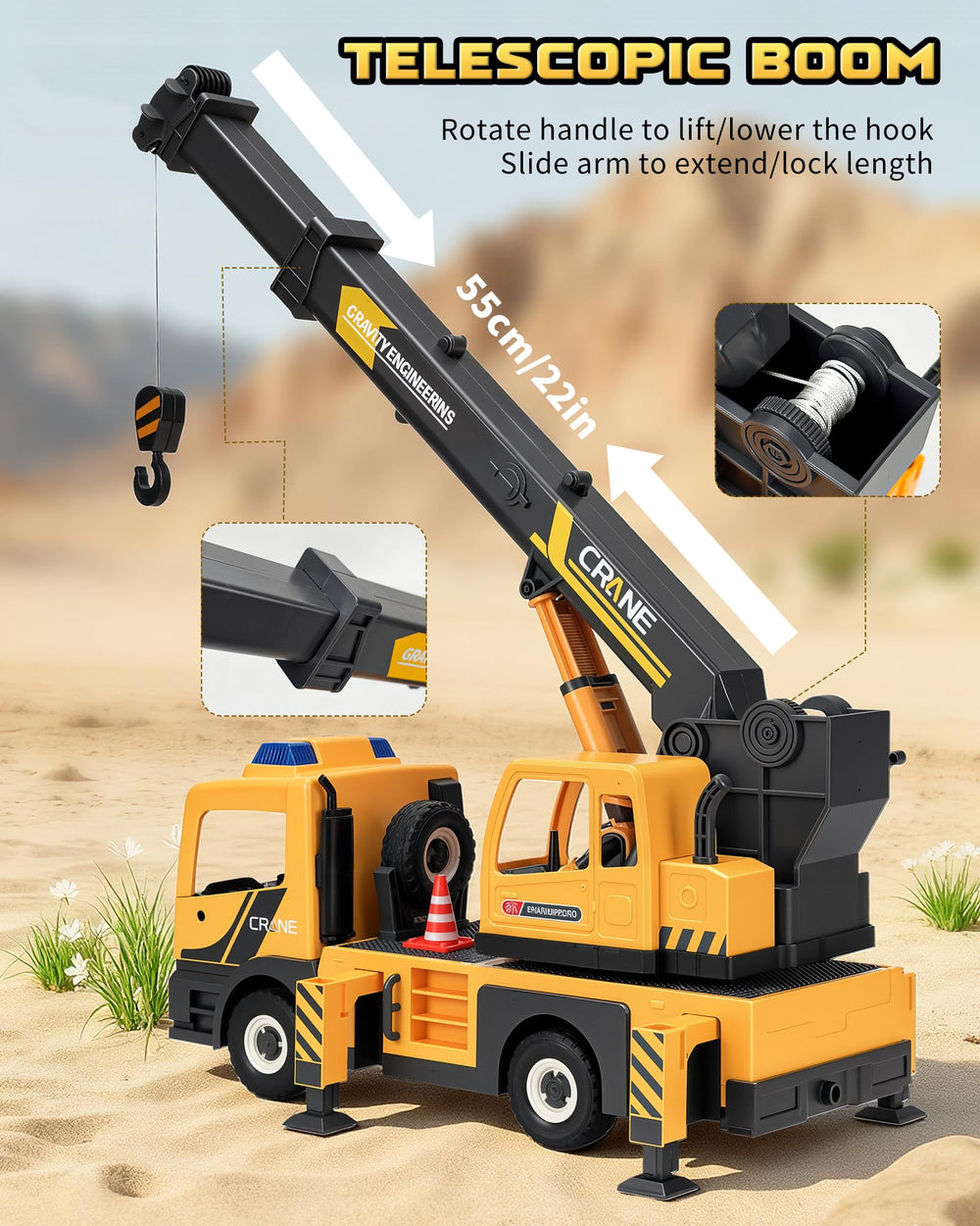 Coroiesty crane truck on a 360° platform enabling dynamic play.