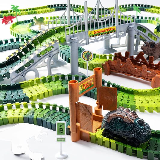 Coroiesty dinosaur car A on track for fast, imaginative races.