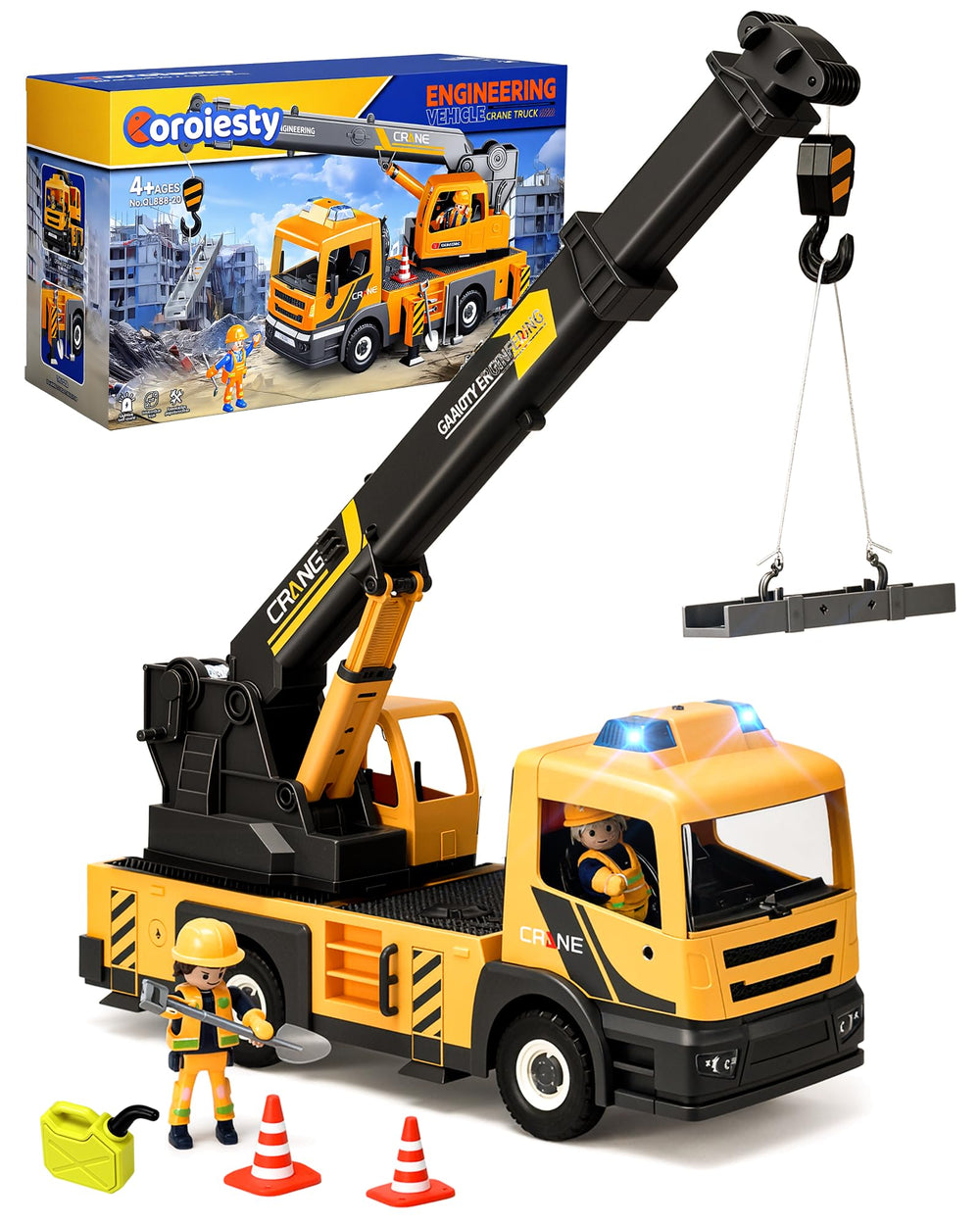 Coroiesty large crane truck with extended arm in action for imaginative building play.