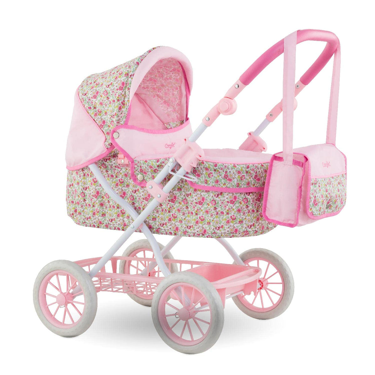 Corolle baby doll stroller with foldable pink pram for imaginative play.