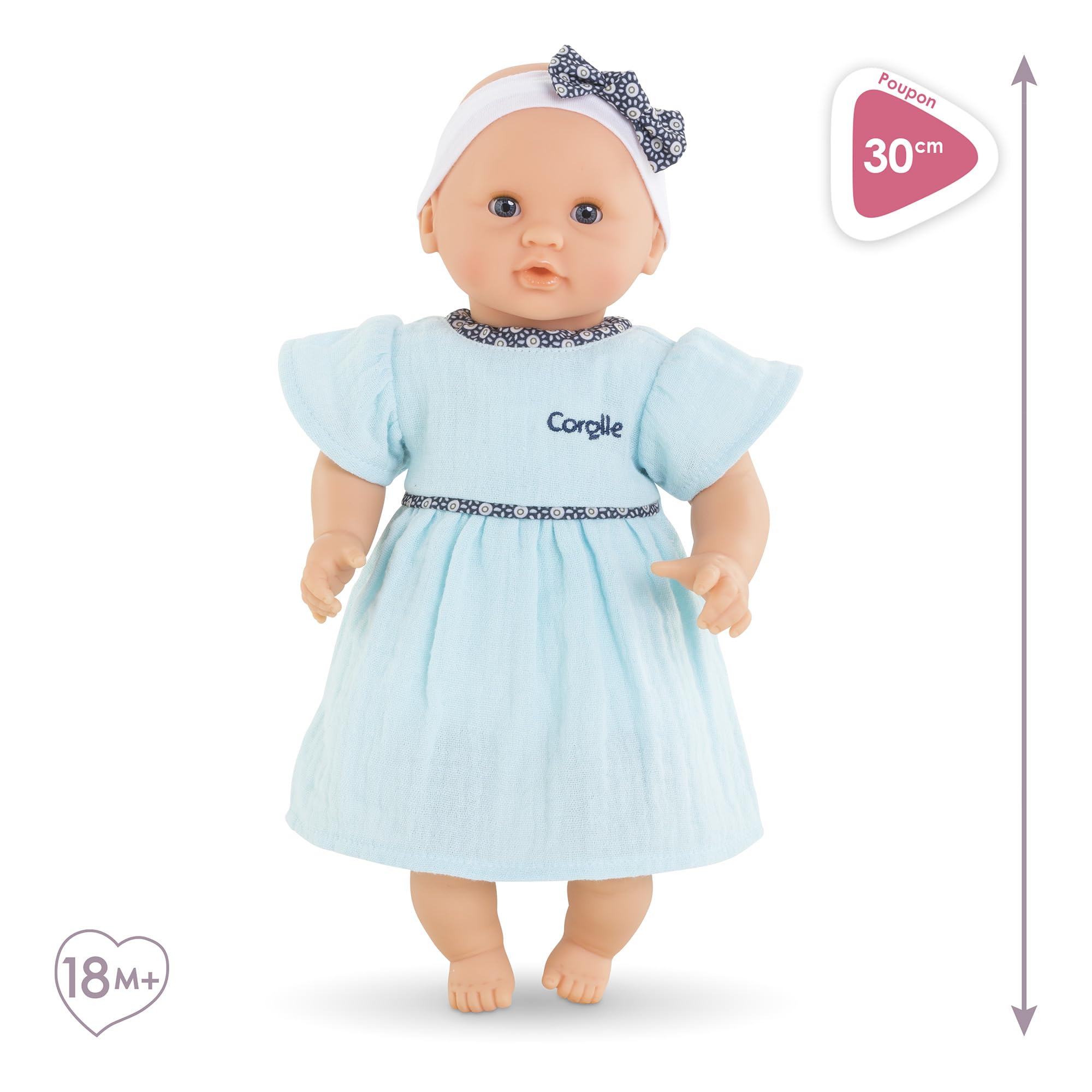 Corolle Bébé Calin Maud face close-up highlights lifelike features.