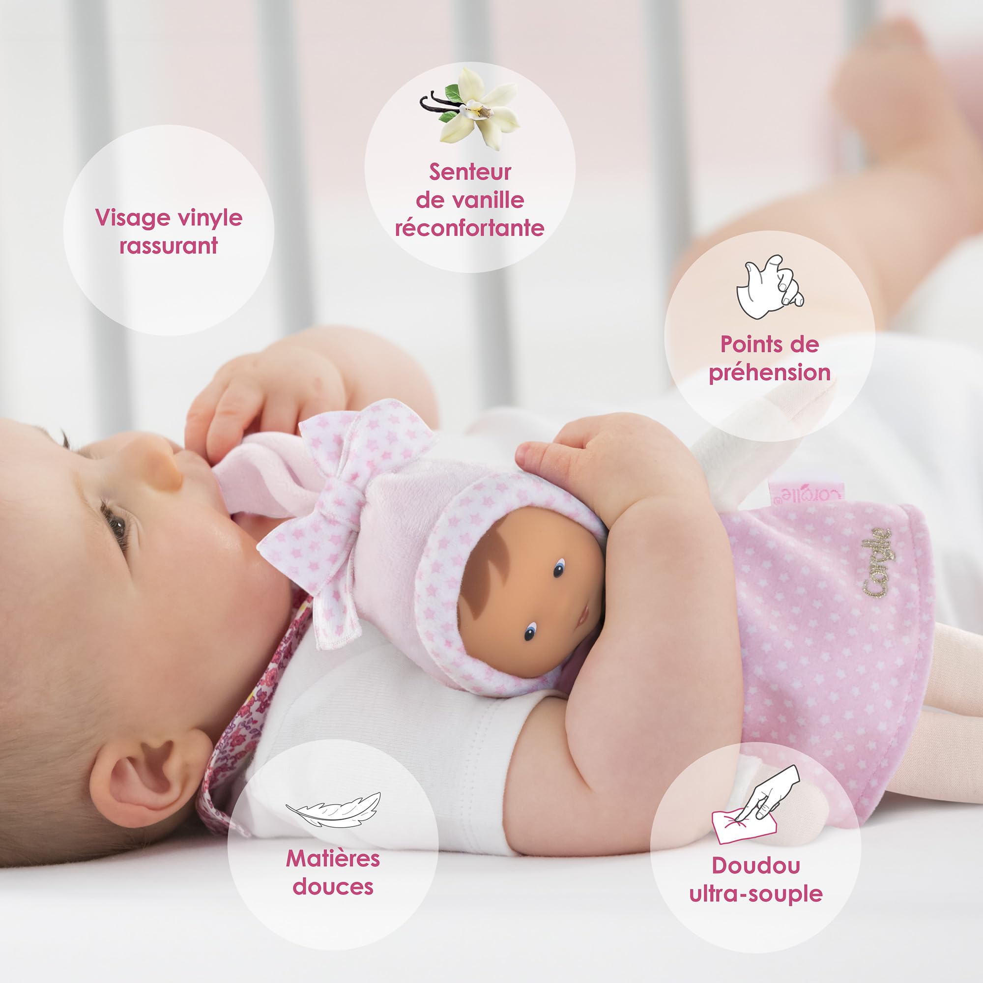 Corolle Miss Starry Dreams measures about 9.5 inches for small hands and travel.