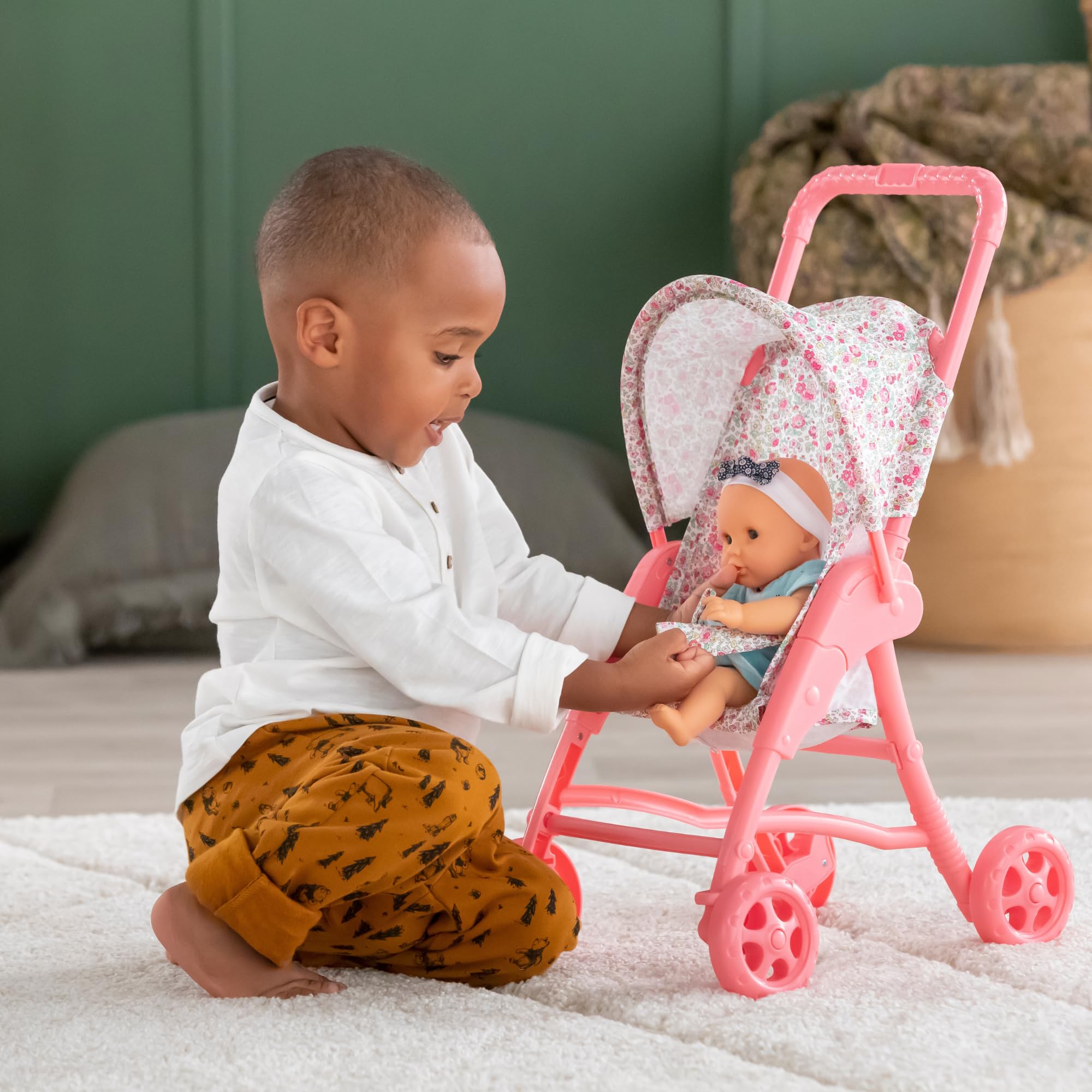 Smooth wheels provide gentle movement across floors during pretend play.
