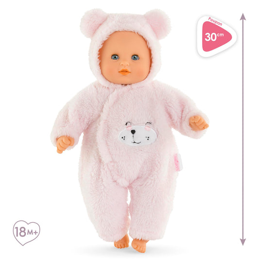 Corolle My First Cuddly Teddy Bear wearing pink pajama for cozy storytelling.