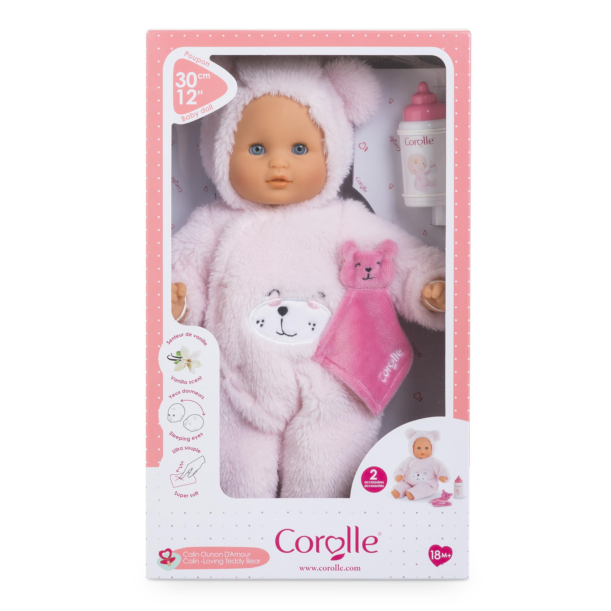 Corolle realistic features support nurturing play and early bonding.