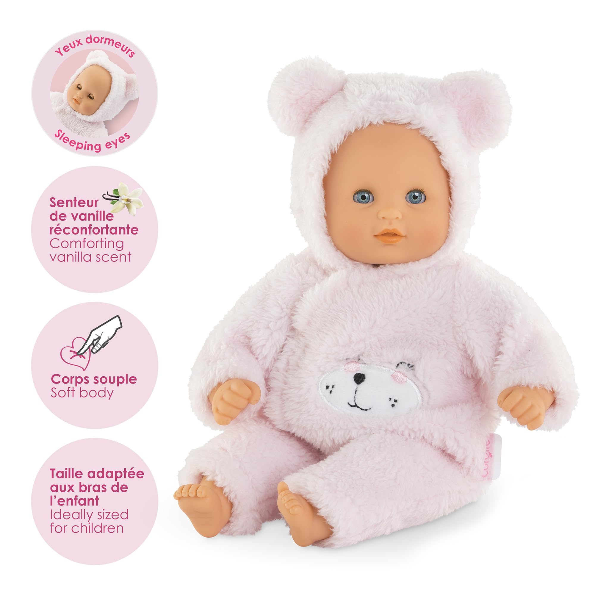 Corolle teddy bear with sleeping eyes opens and closes for lifelike moments.