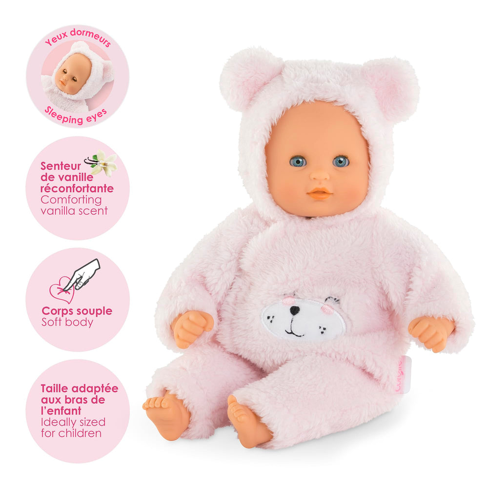 Corolle teddy bear with sleeping eyes opens and closes for lifelike moments.