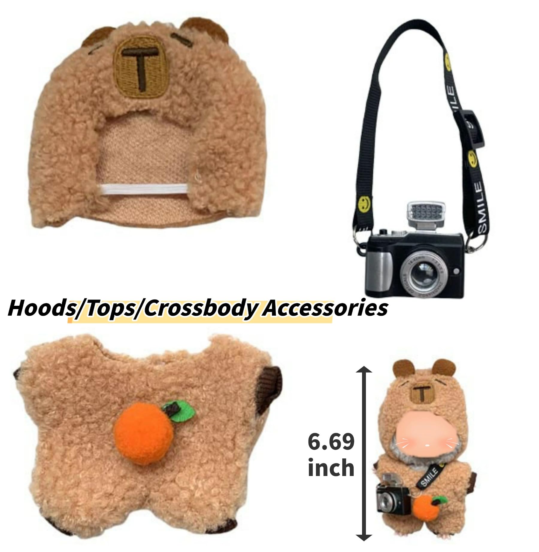 Coruja plush bear hoodie outfit with mini camera accessory enhances playful 17cm doll photo shoots.
