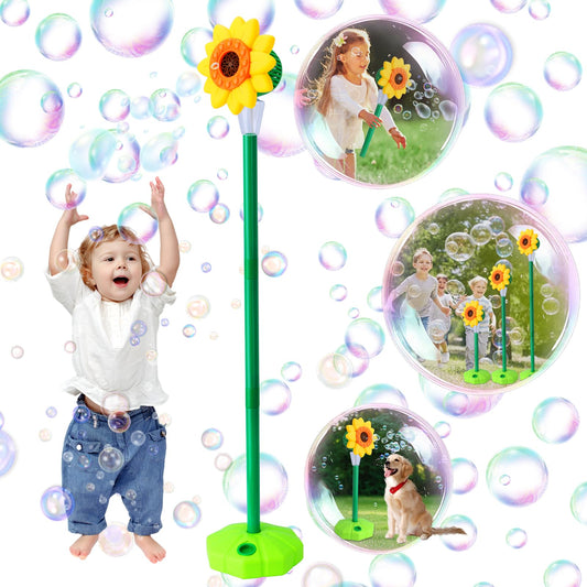 COSILY Bubble Machine standing sunflower on base in a sunny party setting for decor.