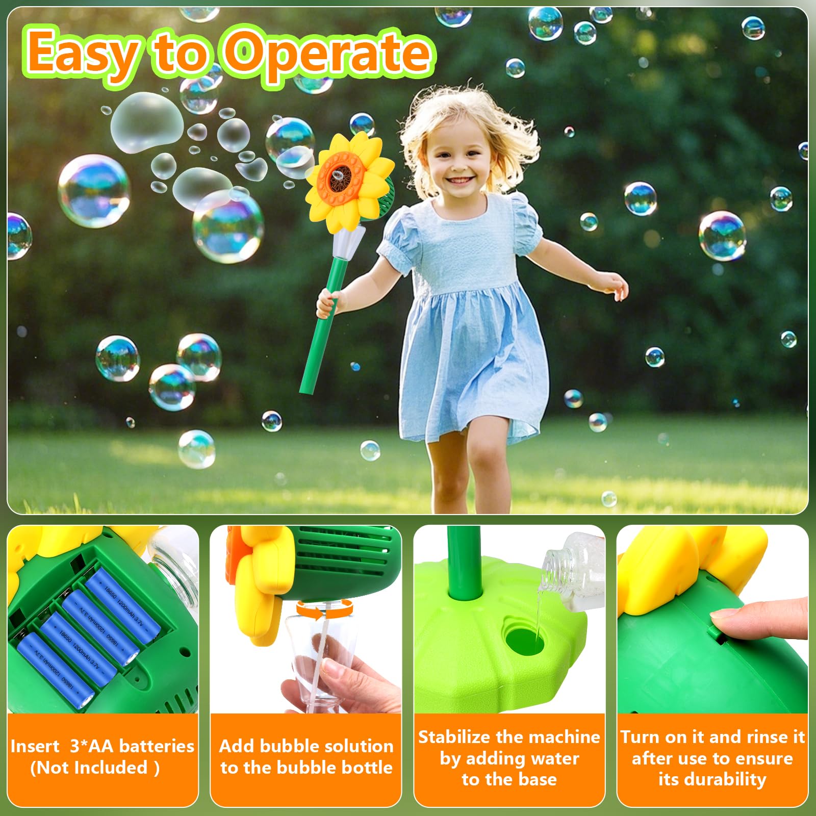 COSILY sunflower bubble machine in action with continuous bubbles outdoors.