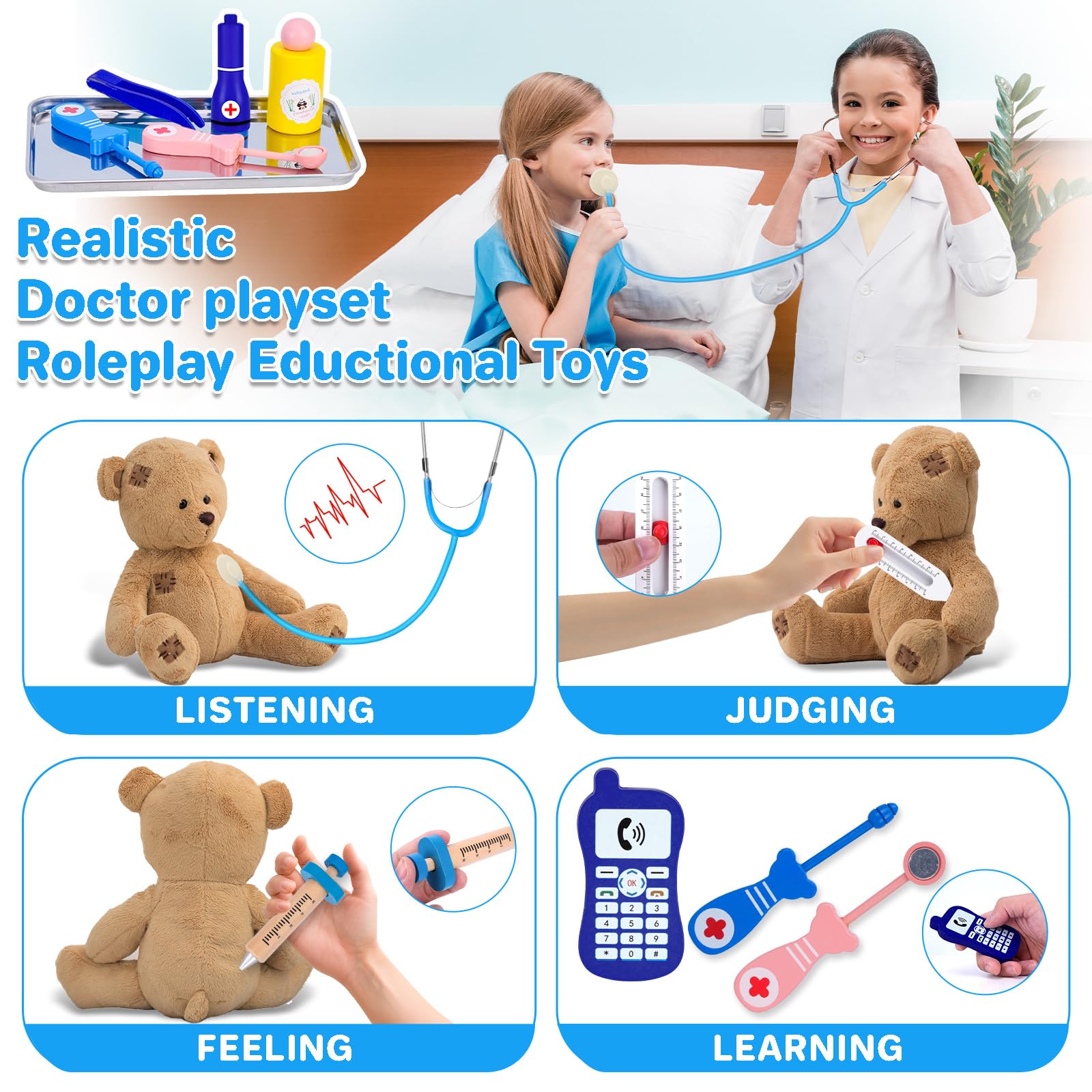 COSILY wooden syringe promotes careful handling during pretend treatments.