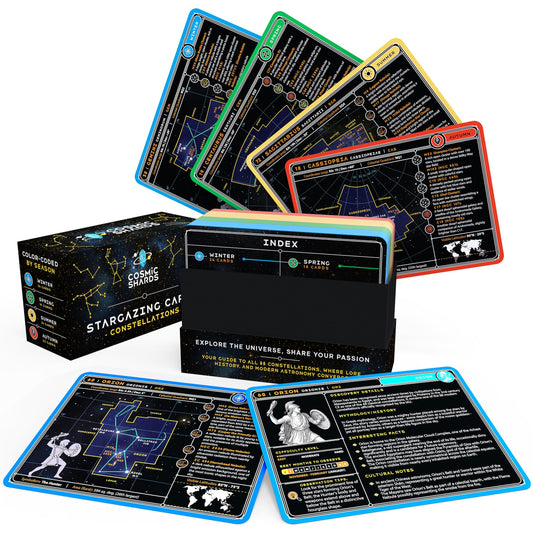 Cosmic Shards Stargazing Cards front cover for quick outdoor constellation reference.