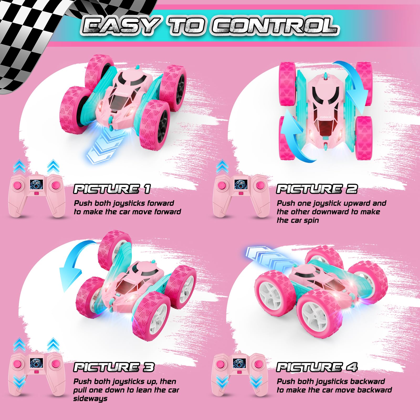 cosone pink RC car flip action demonstrates 360 degree stunt capability