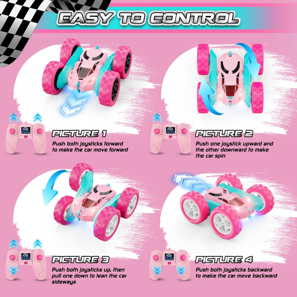 cosone pink RC car flip action demonstrates 360 degree stunt capability