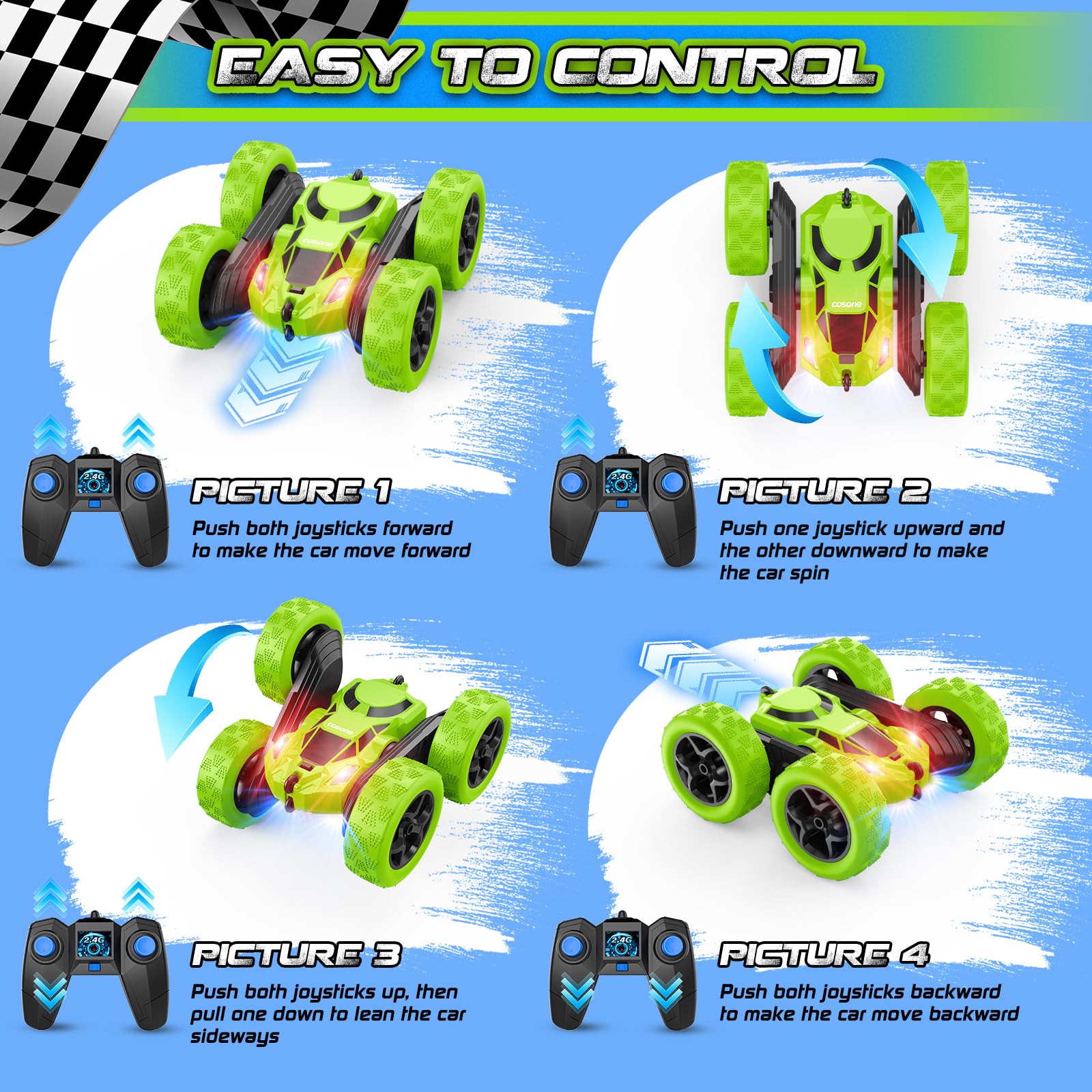 Cosone RC car with LED headlights for better visibility at dusk