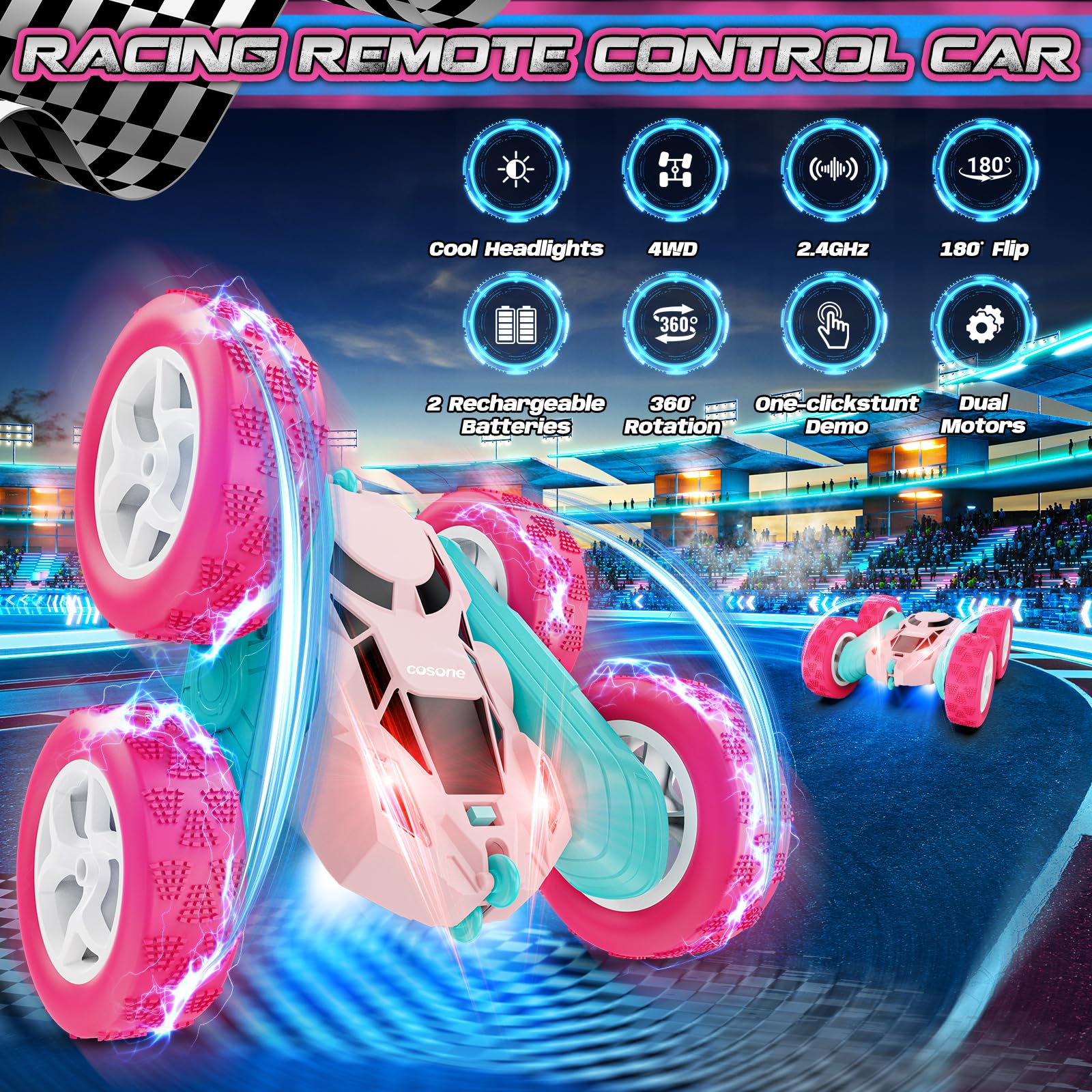 Cosone RC pink car with 180 flips for dynamic indoor adventures.